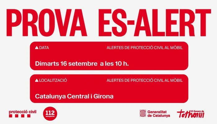 Prova sistema d'Alertes de Protecció Civil a les demarcacions de la Catalunya Central i Girona el dimarts 16 de setembre