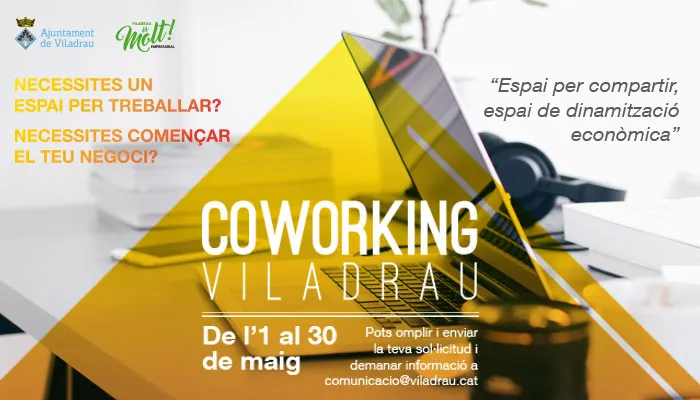 NECESSITES UN ESPAI PER TREBALLAR? NECESSITES COMENÇAR EL TEU NEGOCI? Si estàs interessat en tenir un espai per treballar pots enviar la teva sol·licitud a comunicacio@viladrau.cat de l'1 al 30 de maig.  COWORKING VILADRAU   "Espai per compartir, espai de dinamització econòmica"