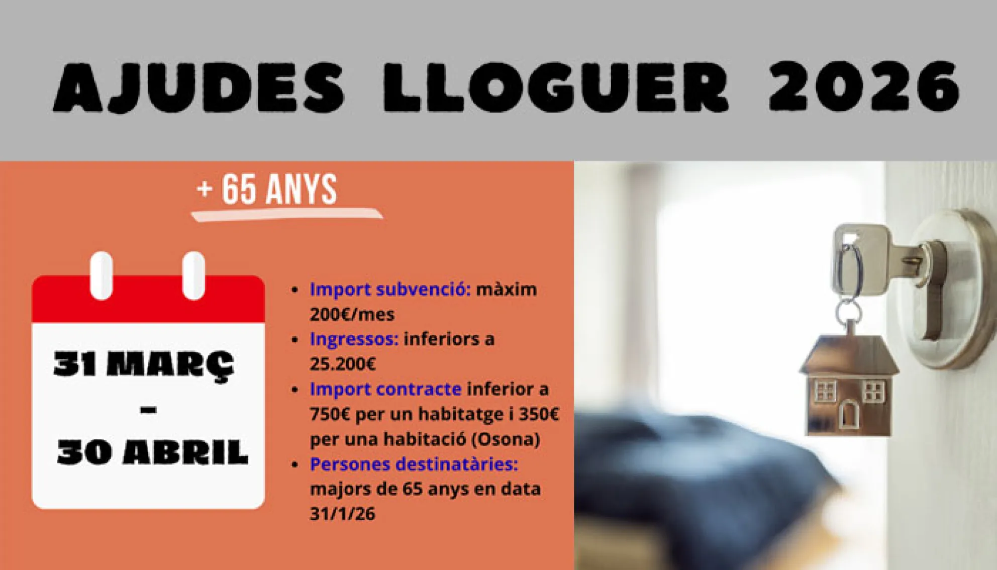 S’obre el termini de les subvencions al lloguer per a majors de 65 anys