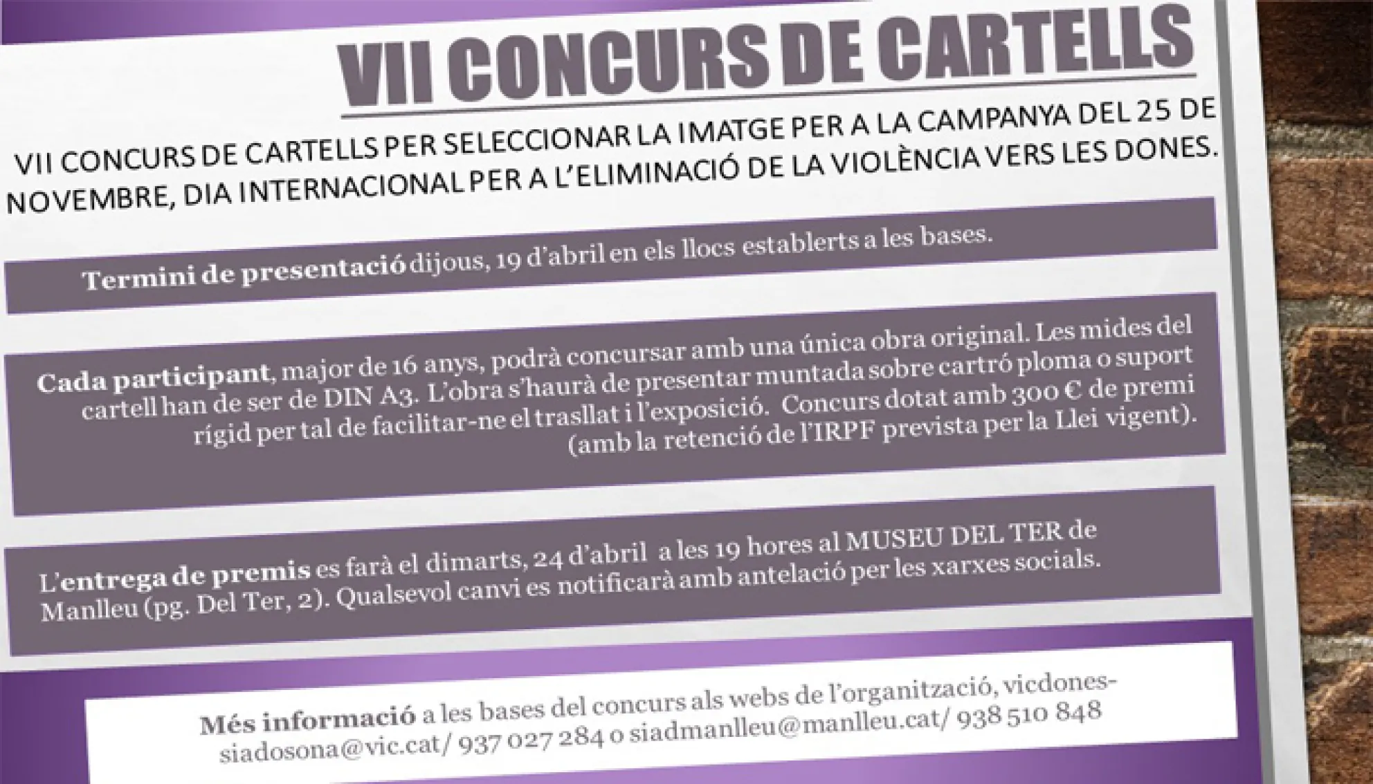 Viladrau VII Concurs de cartells pel Dia Internacional per a l'Eliminació de la Violència Vers les Dones